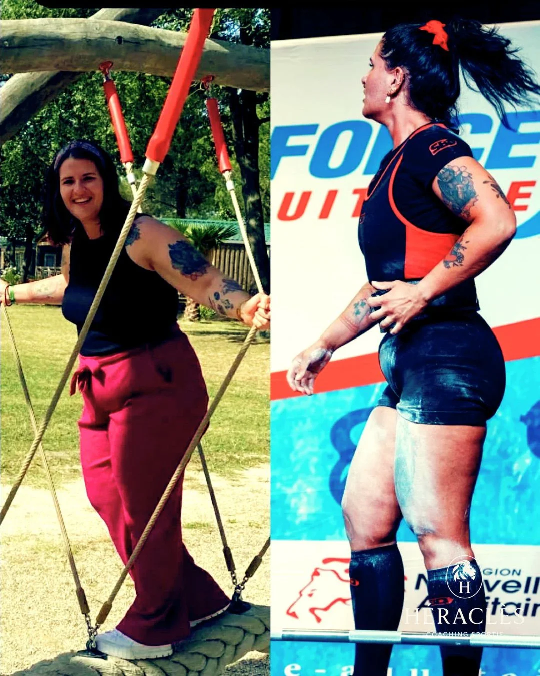Transformation avant / après — cliente en surpoids devenue compétitrice en powerlifting avec Heracles Coaching