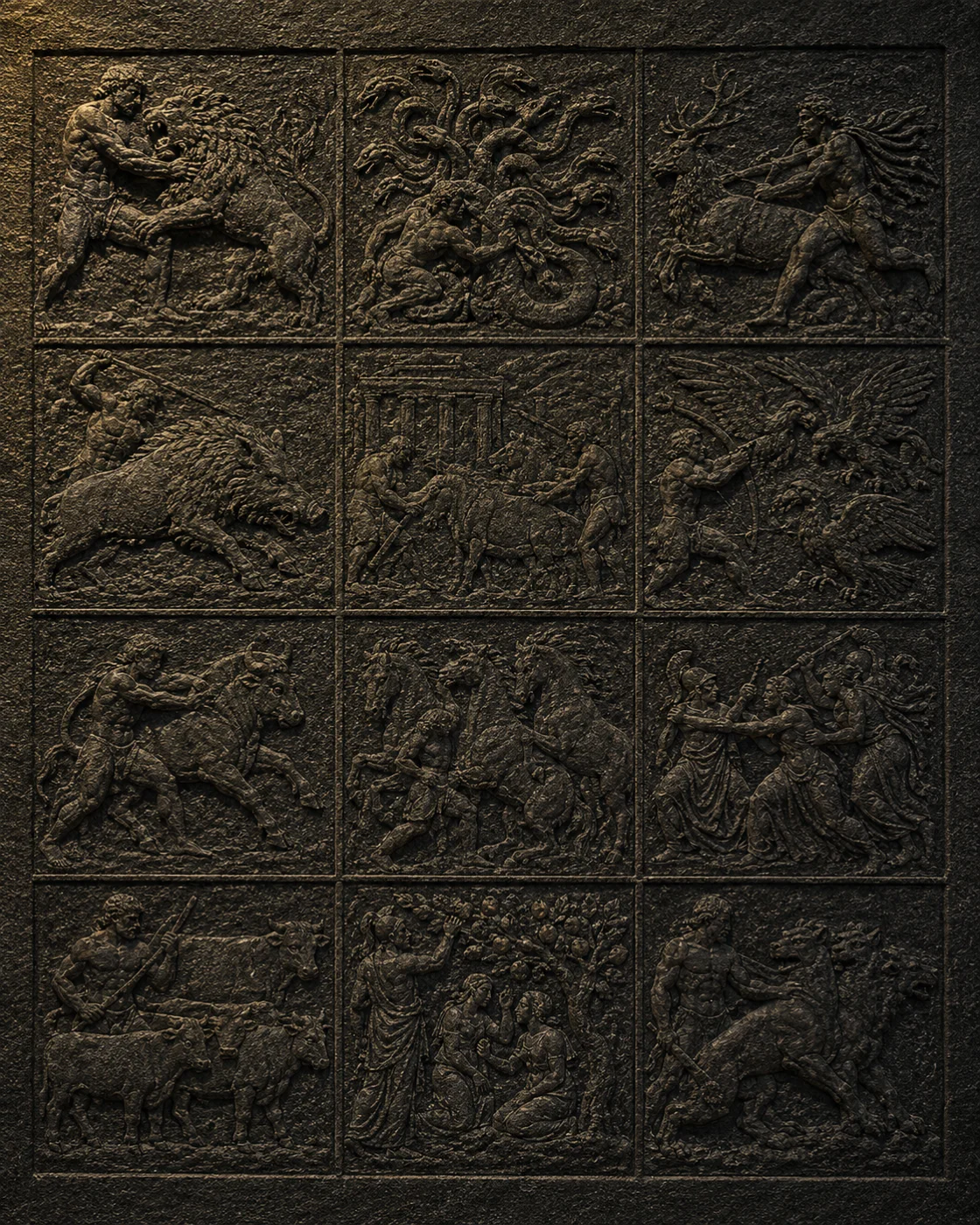 Frise gravée des 12 travaux d'Heraclès — bas-relief pierre